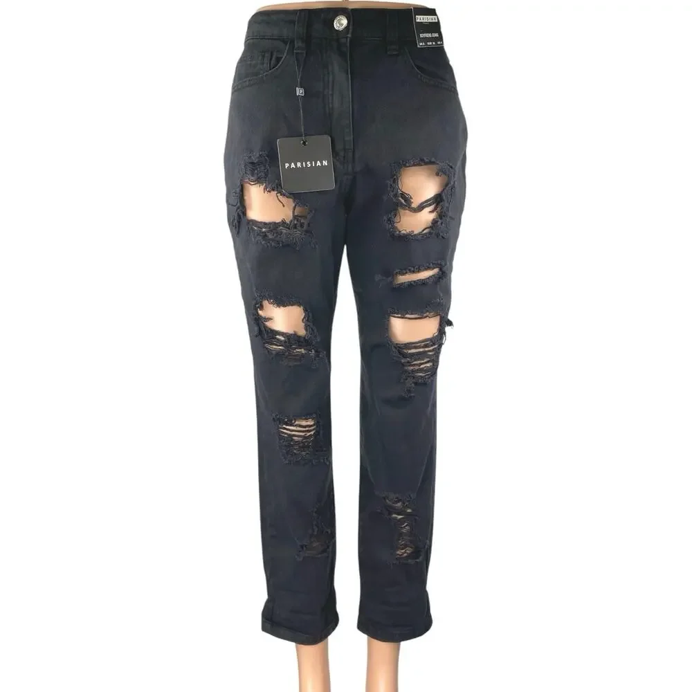 NEW Parisian Black Distressed Skinny High Waist Boyfriend Denim Jeans Pants Sz 8